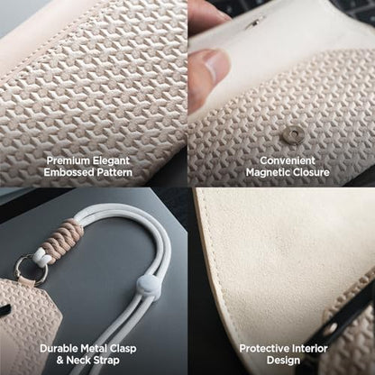 VULKIT Portable Leather Eye Glasses Case for Women & Men, Slim Sunglass Case, Unisex Eyeglass Case - color: Moonstone Beige With Lanyard