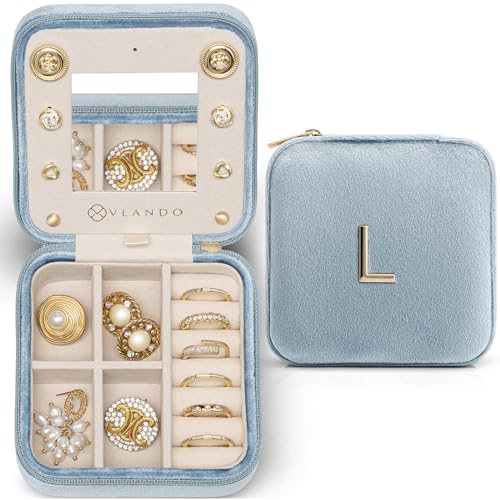 VLANDO Travel Jewelry Case for Women Girls, L Initial Travel Jewelry Case, Personalized Mini Jewelry Box, Birthday Gifts for Women Mom Grandma - Letter L, Blue - color: Blue, size: Letter L
