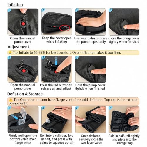 Inflatable Seat Cushion with Built-in Pump - Airplane Seat Cushion for Long Flights, 17" x 17" Inflated Size for Pressure Relief, Fits Stadium Bleachers, Hard Wooden & Folding Chairs