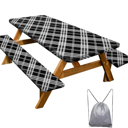 Picnic Table Cover with Bench Covers 6FT 3 Pcs Waterproof Windproof Aesthetic Camping Tablecloth with Drawstring Bag, Fitted for 6 Foot Rectangle Tables and Seats, 72 inch, Black Grey Checkered - color: Black Grey Checkered