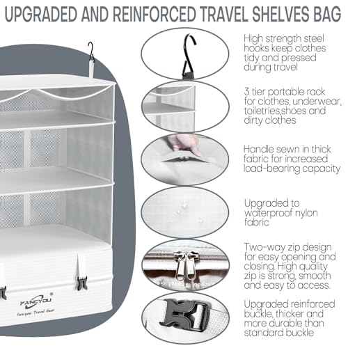 Compressible Packing Cubes Portable Hanging Closet Shelves 17"x12"x24" Extendable Travel Organizer Nylon Packing Bags for Suitcase - color: White