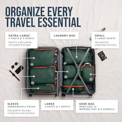 Large Compression Packing Cubes for Travel-Packing Cube Luggage Organizers 7 Piece Set for Checked Luggage-Ultralight, Expandable/Compression Bags by TRIPPED Travel Gear (Green/Orange) - color: Green/Orange