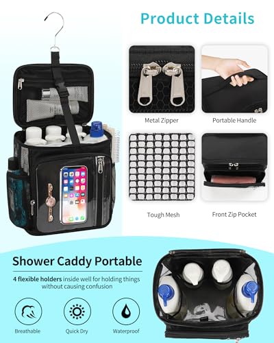 CUBETASTIC Hanging Shower Caddy Portable Bag - Quick Dry Shower Tote for Dorm College Essentials, Water-Resistant Travel Toiletry Bag with Separate Compartment & Multiple Pockets (Black, M)