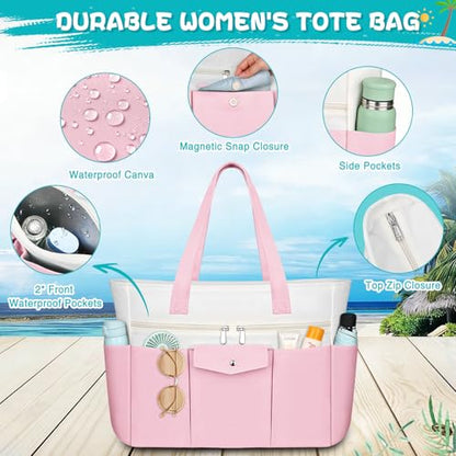 Beach Bags for Women Large Canvas Beach Tote with Zipper Wet Pocket, Waterproof Foldable Swim Pool Travel Tote Bags - color: Pink