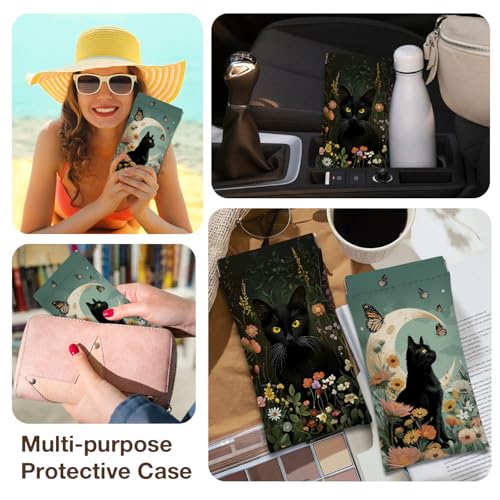 Eyeglasses Sunglasses Case PU Soft Squeeze Top Glasses Pouch for Women Men,Animal Pattern Portable Anti Scratch - color: Black-cat