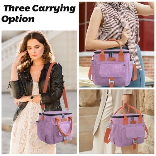 Joymee Lunch Bag Women Large Insulated Reusable Leakproof - Purple | Large Spacious, Cooler Lunch Bag, Adjustable Shoulder Strap, With Side Pocket, Bottle Holder, for Office Work Picnic Travel - color: Purple
