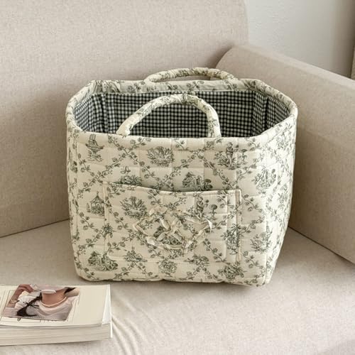 Foldable Laundry Basket Boho Bear Storage Basket Floral Quilted Fabric Car Storage Basket Handles Large Laundry Baskets for Clothes and Dolls - color: Green