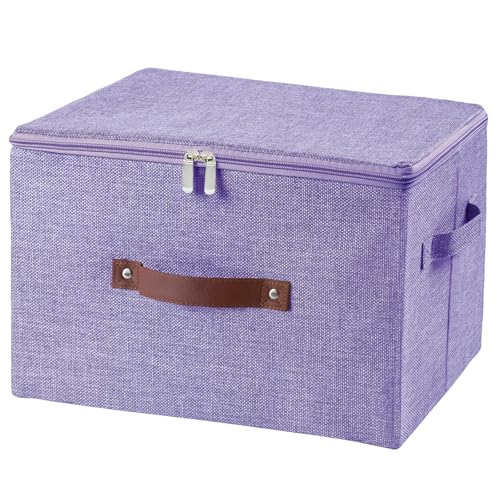 Storage Bins with Zipper Lid Foldable Fabric Lidded Storage Boxes Baskets Cubes Washable Collapsible PU Leather Handle Cotton Linen Shelves Closet Organizer Container(Purple, Large Size) - color: Purple, size: Large ( Set of 1 )