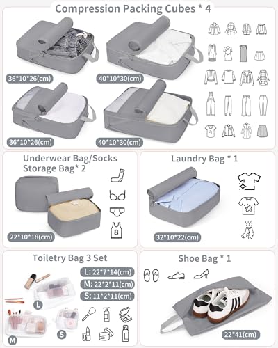 Compression Packing Cubes 11pc Set, Expandable Travel Organizers for Suitcases & Carry Ons, Durable Luggage Packing Bags for Travel Essentials Gray - color: Gray