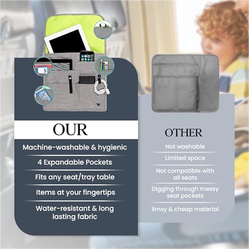 SO~MINE Airplane Pocket Organizer | Tray Table Cover | In Flight Seat Back Organizer Bag | Commuter Essential Travel Bag | Media Pouch For Flying | Travel Gift | Attaches To Luggage - color: Ash and Lime
