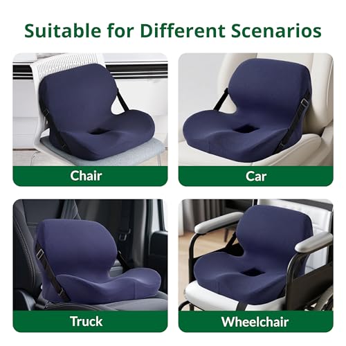 Ergonomic Seat Cushion for Sciatica Relief & Long Driving - Memory Foam Back Support with Adjustable Strap, Non-Slip Base & Removable Mesh Cover - Office, Car (Navy Blue) - color: Navy