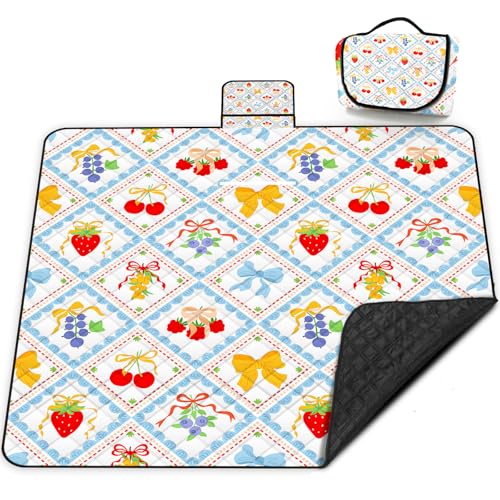 Extra Large Picnic Blanket Waterproof,80"x 80"Foldable Machine Washable Beach Blanket,Outdoor Blanket for 6-8 Adults,Suitable for Indoor Crawling,Park Beach,Camping,Hiking,Family Travel(Fruit) - color: Blue Fruit, size: 6'8" x 6'8" (Square)