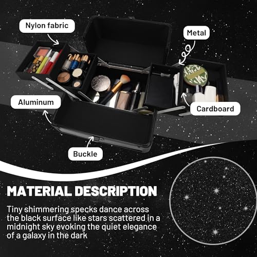 Makeup Train Case, 10.2 in Hard Vanity Makeup Box Organizer, Starry Black Cosmetic Organizer Case with 4 Trays, Lockable Portable Makeup Artist Travel Case for Nail Tech Supplies - color: Starry Black-S