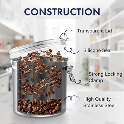 ENLOY 165oz Stainless Steel Airtight Canister for Kitchen, Large Flour Coffee Bean Tea Cereal Sugar Cookie Metal Food Storage Canisters with Clear Lid and Sturdy Locking Clamp (7.7 * 7.7 * 8.4in) - size: Large