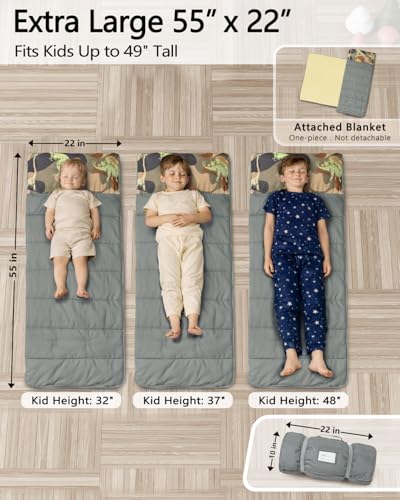 Primlect Toddler Nap Mat with Removable Pillow and Fleece Blanket, Extra Large 55''x35'' Sleeping Bag, Washable, Light, Easy to Roll up, Perfect for Daycare, Preschool, Kindergarten, Travel - color: Camo Dinosaur