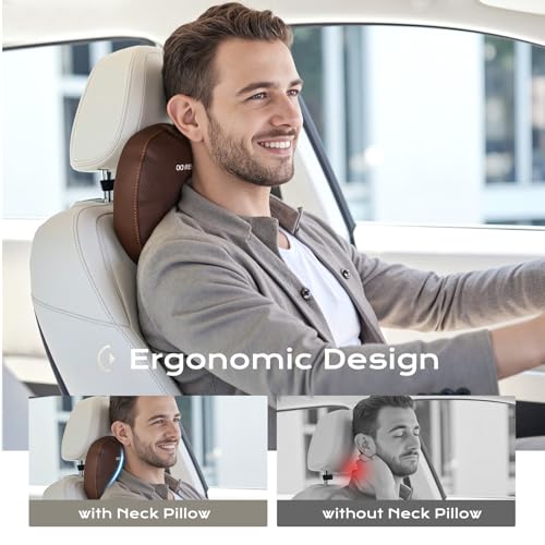 Coverado Leather Car Headrest Pillow Car Neck Pillow with Adjustable Strap, Head Support Rest Driver Relax Head Muscles Relieve Driving Fatigue, Breathable & Removable Cover, Coffee - color: Coffee, size: 1 Piece