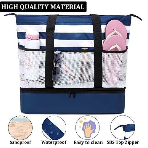 JIANYA Beach Bag Women Waterproof Sandproof Beach Tote Bags with Cooler Top Zipper Large Totes for Pool Travel Daily - color: Blue Stripes