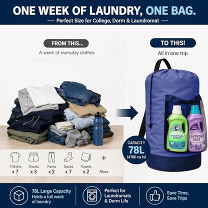 Backpack Laundry Bag, Durable polyster Laundry Backpack Bag with Shoulder Straps, Drawstring Closure & Mesh Pocket, Large Clothes Hamper for Dorm, Travel, Laundromat (Blue) - color: Blue