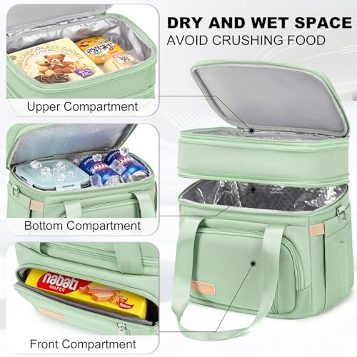 MAPLELILY Lunch Box for Men Women - Double Deck Insulated Lunch Bag, Large Leak Proof Tote Cooler, Wide Open Dual Compartment Lunch Bags with Shoulder Strap, For Work Picnic Hiking Beach, Green - color: Green