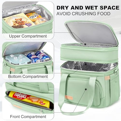 MAPLELILY Lunch Box for Men Women - Double Deck Insulated Lunch Bag, Large Leak Proof Tote Cooler, Wide Open Dual Compartment Lunch Bags with Shoulder Strap, For Work Picnic Hiking Beach, Green - color: Green