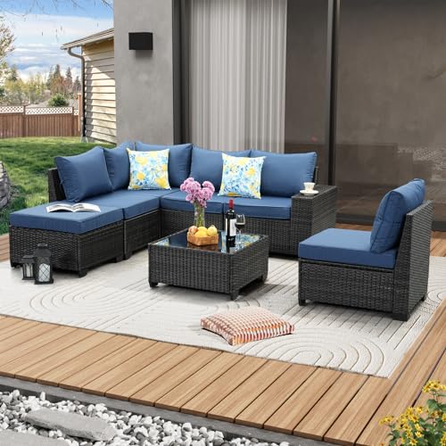 JOYURE 7 Pieces Patio Furniture Set All-Weather Outdoor Wicker Sectional Conversation Sofa Rattan Patio Seating Sofa with Cushion and Glass Table and Ottoman for Porch Poolside,Navy - color: Navy, size: 7 pieces set