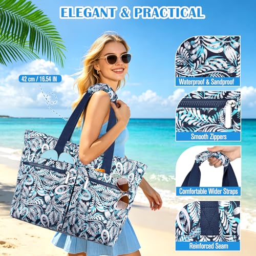 HUANLANG Large Beach Bags for Women Pool Bag with Zipper, Waterproof Sandproof Beach Tote Travel Bag with Wet Pocket - color: Blue Floral