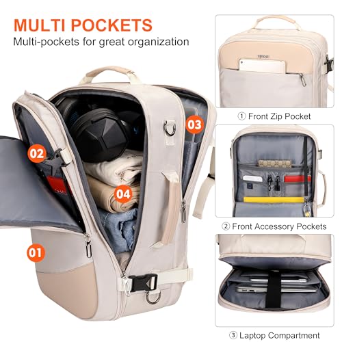 PIJUSHI Travel Backpack for Women Carry on Suitcase Backpack Flight Approved Personal Item Bag Fits 16 Inch Laptop(PE035 Beige) - color: Beige