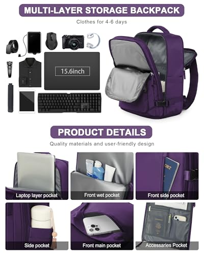 VGCUB Carry on Travel Backpack for Women Men Large Laptop Gym Work Frontier Airlines Personal Item Bag Business Airport Lightweight Backpack Flight Approved Mochilas de Viaje, Dark Purple - color: Dark Purple, style: Large