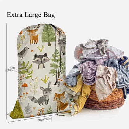 Swono Woodland Animals Laundry Bag with Strap Machine Washable Large Dirty Clothes Organizer Trees Mushrooms Berries Rabbit Owl Easy Fit Laundry Hamper or Basket, Carry Up to 4 Loads of Laundry - color: Woodland Animals