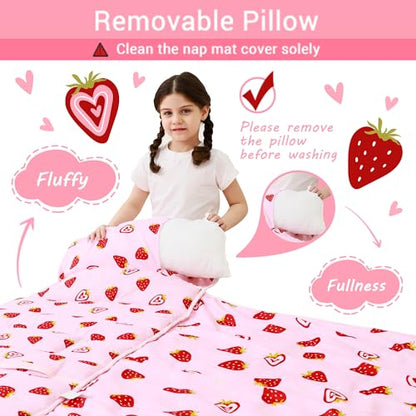 Lasoftan Toddler Nap Mat with Pillow and Blanket, Extra Large Rolled Napping Mats,Slumber Bags for Boys Girls,Kids Sleeping Bag for Daycare, Preschool Travel Camping - color: Pink Strawberry