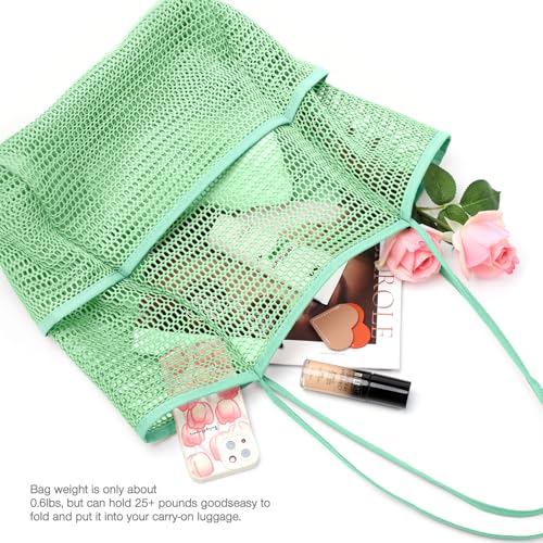 KPX Beach Bag with Mini Pocket, Summer Beach Tote Bags for Women Large Foldable Mesh Swimming Pool Travel Bags - Sandproof - color: Mint