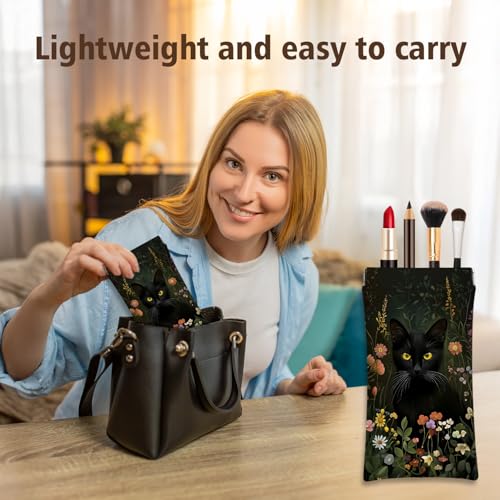 Eyeglasses Sunglasses Case PU Soft Squeeze Top Glasses Pouch for Women Men,Animal Pattern Portable Anti Scratch - color: Black-cat