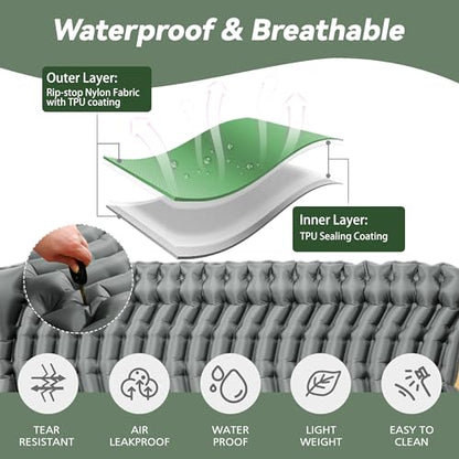 Double Sleeping Pad for Camping - Ultralight Air Mattress with Pillows, Built-in Foot Pump, Compact Inflatable 2-Person Portable Mat for Backpacking, Hiking, Tent, Car Travel, Beach，Road Trip - color: Cool Grey