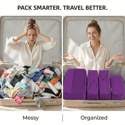 4 Piece Compression Packing Cubes for 3–7 Day Travel, Space Saving Travel Organizers with Breathable Mesh, Double-Zipper Packing Cubes for Carry-On & Suitcases (Purple) - color: Purple
