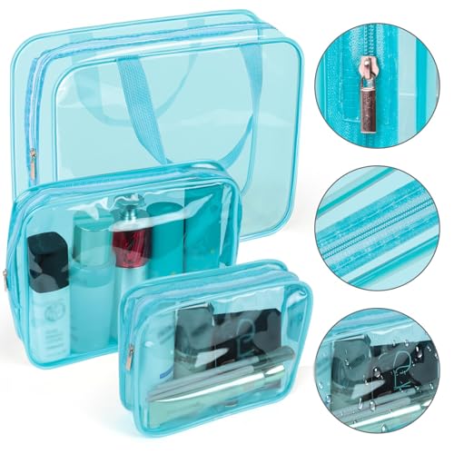 APREUTY Clear Makeup Bags, TSA Approved 6 Pcs Cosmetic Makeup Bags Set Clear PVC with Zipper Handle Portable Travel Luggage Pouch Airport Airline Vacation Organization(Light Blue) - color: Light Blue-6PCS (Large+Medium+Small)