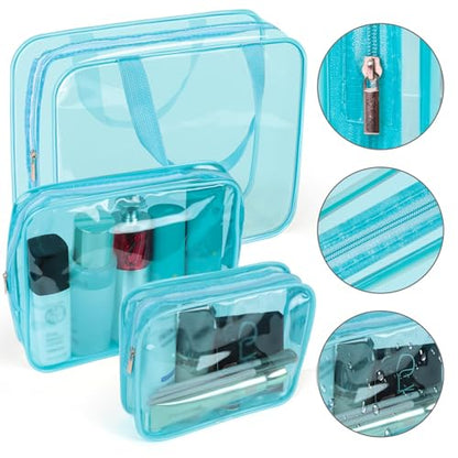APREUTY Clear Makeup Bags, TSA Approved 6 Pcs Cosmetic Makeup Bags Set Clear PVC with Zipper Handle Portable Travel Luggage Pouch Airport Airline Vacation Organization(Light Blue) - color: Light Blue-6PCS (Large+Medium+Small)