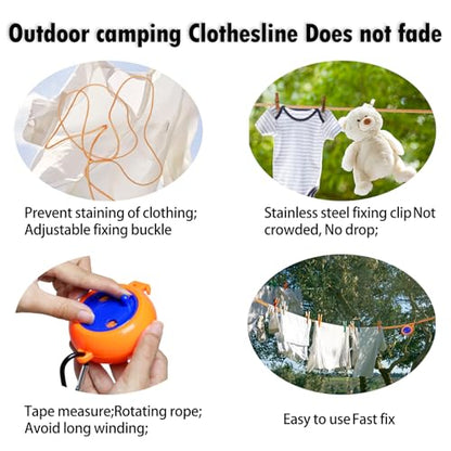 Camping Retractable Clothesline, Adjustable 32ft/10M Camping Clothesline, Portable Travel Clothesline with 20 Clothespins,10 Stoppers