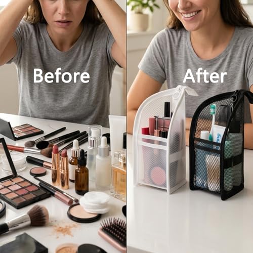 2Pcs Standing Toiletry Bag, Upright Travel Toiletry Bag Waterproof Portable Makeup Cosmetic Bag, Translucent Mesh Travel Bag for Toiletries, Standing Makeup Bag