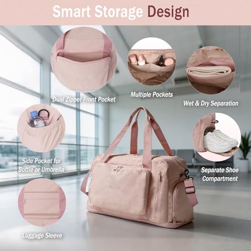 Travel Duffel Bag, 30–40L Expandable Weekender Bag with Shoe Compartment, Foldable Carry On Travel Bag with Wet Pocket and Matching Pouch - color: Pink