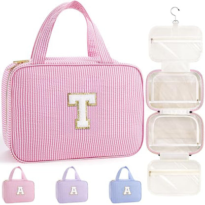 TOPEAST Hanging Toiletry Bag for Women - Travel Toiletry Bag Makeup Bag, Portable Toiletries Cosmetic Bag, Airplane Travel Essentials - Letter T, Pink - color: Pink, style: T