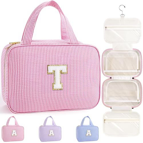 TOPEAST Hanging Toiletry Bag for Women - Travel Toiletry Bag Makeup Bag, Portable Toiletries Cosmetic Bag, Airplane Travel Essentials - Letter T, Pink - color: Pink, style: T