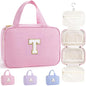 TOPEAST Hanging Toiletry Bag for Women - Travel Toiletry Bag Makeup Bag, Portable Toiletries Cosmetic Bag, Airplane Travel Essentials - Letter T, Pink - color: Pink, style: T