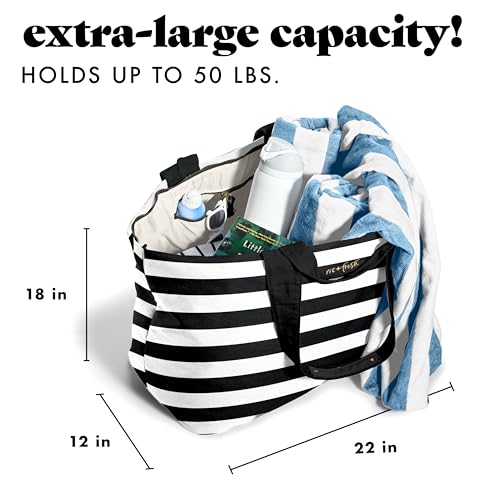 Fit & Fresh XL Beach Tote Bag for Women – XL Travel Tote with Zipper & Pockets, Oversized Canvas Pool Bag, Weekender Carry-On - color: Black & White Stripe