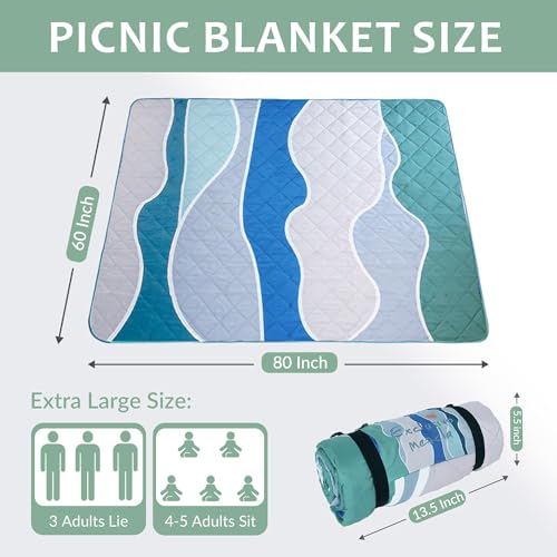 Exclusivo Mezcla Extra Large Waterproof Picnic Blankets 3 Layer, Sandproof and Foldable Outdoor Blanket for Beach Camping, Park and Travel - color: Waved Blue