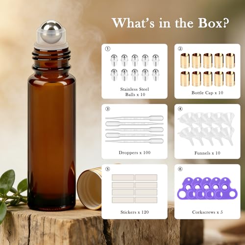 PrettyCare Set of 120, Bulk 10 ml Essential Oil Roller Bottles with Stainless Steel Roller Ball - Refillable Leak-proof Empty Thick Amber Glass Roll on Bottles with Golden Caps for Travel, Perfume - color: Amber with Golden Cap, size: 120 Pack