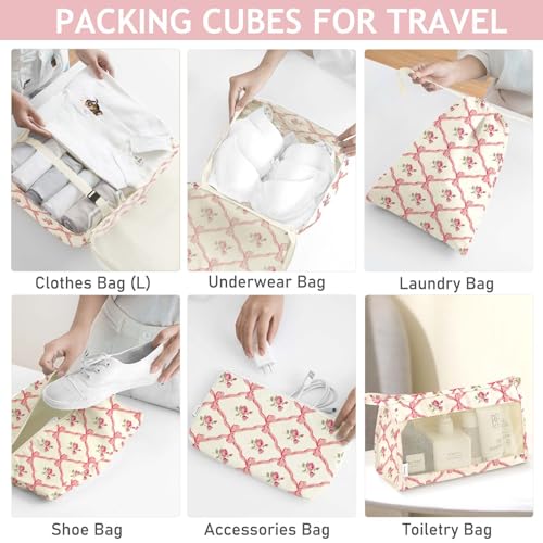 KPX 8 Set Packing Cubes for Travel, Luggage Packing Organizers Accessories Large Toiletries Bag for Clothes Shoes Cosmetics (8Set-Flower & Bow) - color: 8Set-Flower & Bow