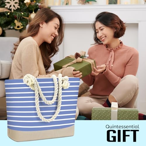 Fokongna Tote Bag For Women, Beach Bag Best Friend Travel Birthday Gifts, Travel Parties Vacation Shopping Essentials - color: Navy White Stripes