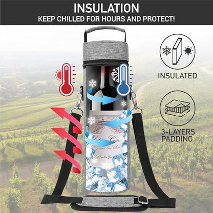opux Wine Bag Single Bottle Carrier Tote, Insulated Wine Cooler Bag for Travel Picnic Beach with Shoulder Strap, Thermal One Bottle Holder Carrying Case Wine Gift for Women Men, Heather Light Gray - color: Heather Gray