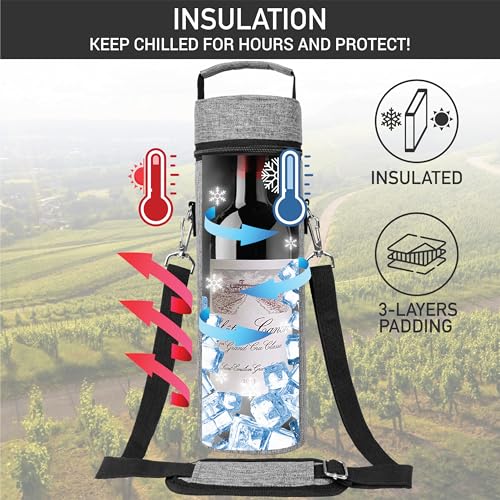 opux Wine Bag Single Bottle Carrier Tote, Insulated Wine Cooler Bag for Travel Picnic Beach with Shoulder Strap, Thermal One Bottle Holder Carrying Case Wine Gift for Women Men, Heather Light Gray - color: Heather Gray