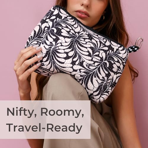 POPUPS Large Makeup Bag with Zipper - Waterproof Neoprene Cosmetic Bag 7.7 x 10.75 x 5 inches - color: Print Palm Dreams Black